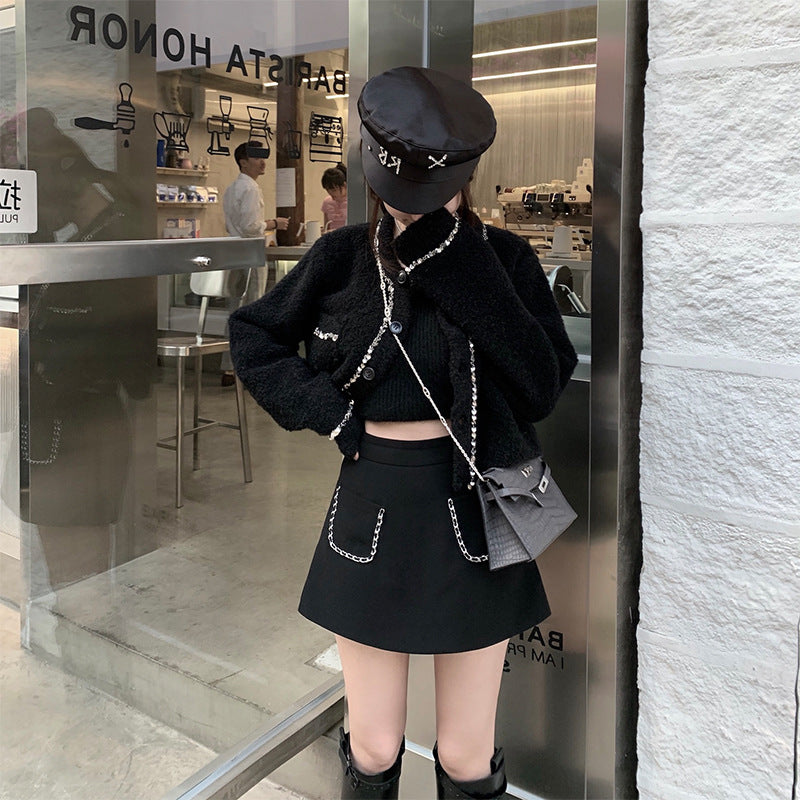 New Little Fragrant Girl Super All-match Chain Edge Temperament Anti-empty Pocket Short Skirt Culottes New Little Fragrant Girl Super All-match Chain Edge Temperament Anti-empty Pocket Short Skirt Culottes